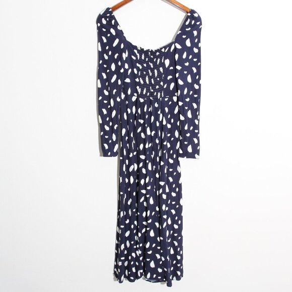 Reformation Sigmund Midi Dress Splatter Speckled Slit Navy Blue Long Sleeves 4 - Picture 14 of 16